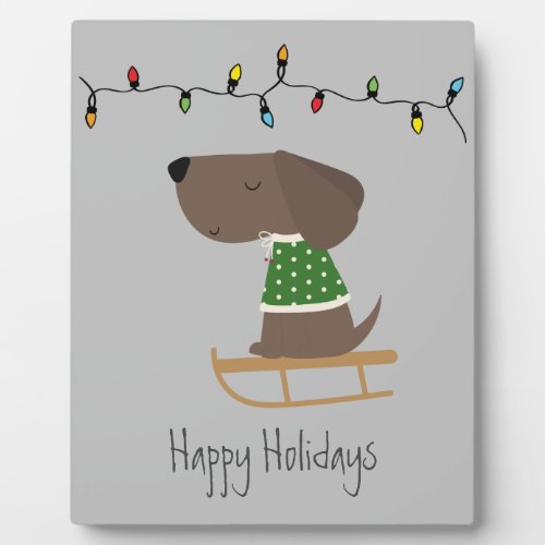 Cute Dog on Sled Holiday Greeting Plaque