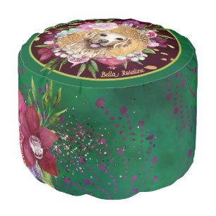 Cute dog orchid pomegranate green modern batik  pouf