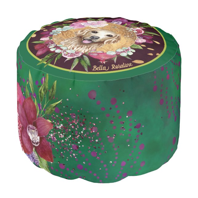 Cute dog orchid pomegranate green modern batik  pouf (Angled Front)