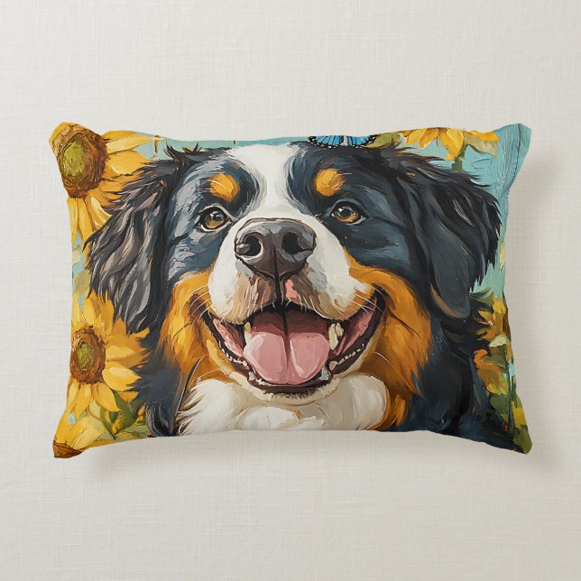 Cute Dog Painting Rustic Sunflowers Butterflies Accent Pillow (Front)