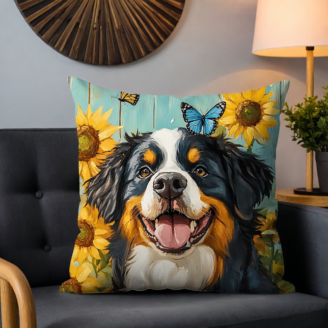 Cute Dog Painting Rustic Sunflowers Butterflies Throw Pillow (Creator Uploaded)