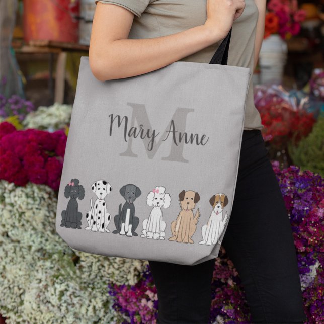 Cute Dog Pattern Monogram Personalized Pet Lover  Tote Bag (Cute dog breed pattern tote bag featuring playful cartoon puppies in a repeating design for pet love)