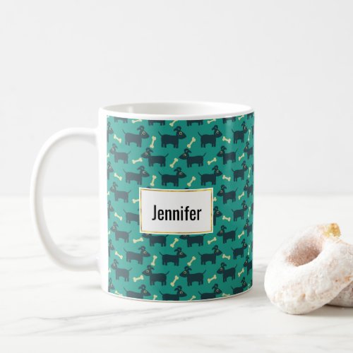 Cute Dog Pattern with Bone on Green Background Coffee Mug