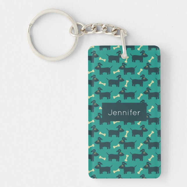 Cute Dog Pattern with Bone on Green Background Keychain (Front)