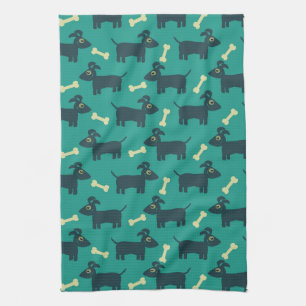 Cute Dog Pattern with Bone on Green Background Kitchen Towel