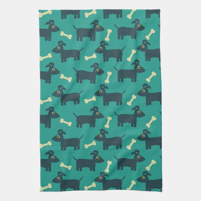 Cute Dog Pattern with Bone on Green Background Kitchen Towel (Vertical)