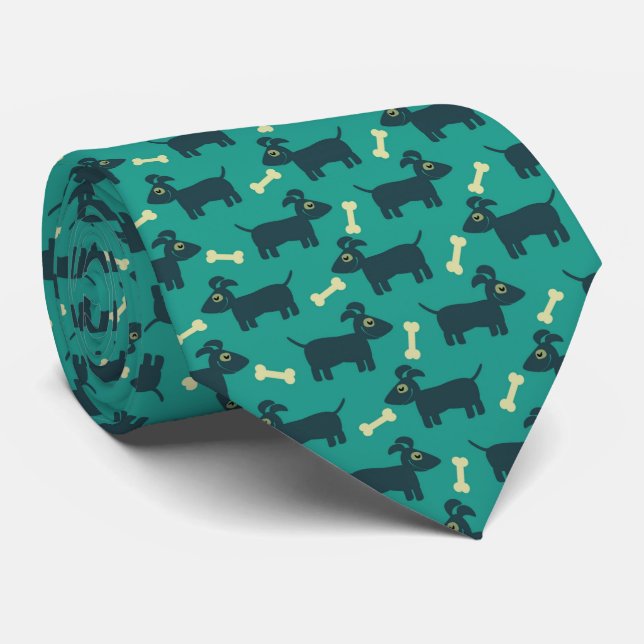 Cute Dog Pattern with Bone on Green Background Neck Tie (Rolled)