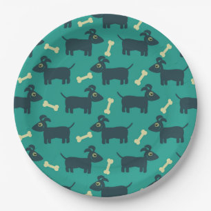 Cute Dog Pattern with Bone on Green Background Paper Plates