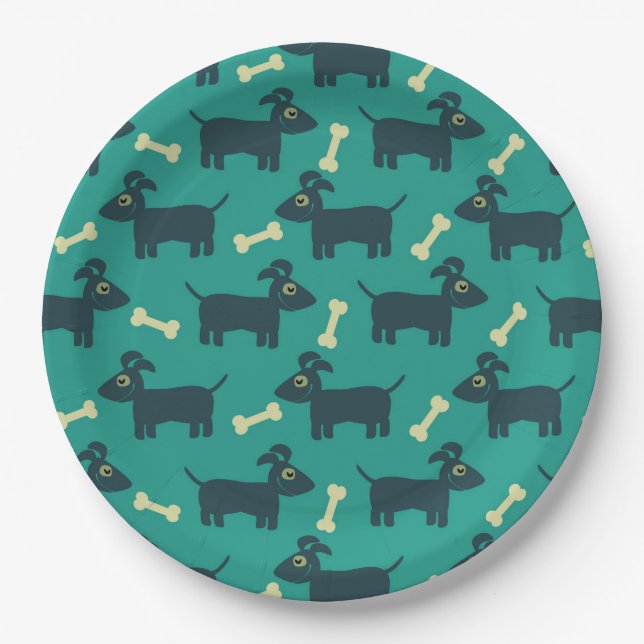 Cute Dog Pattern with Bone on Green Background Paper Plates (Front)