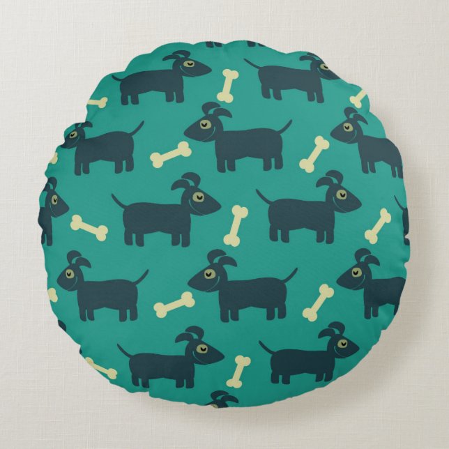 Cute Dog Pattern with Bone on Green Background Round Pillow (Front)