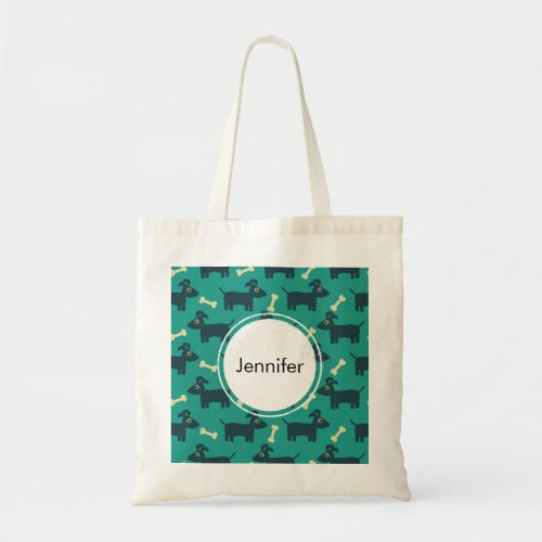 Cute Dog Pattern with Bone on Green Background Tote Bag