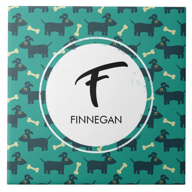 Cute Dog Pattern with Floppy Ears & Bone Custom Ceramic Tile (Front)