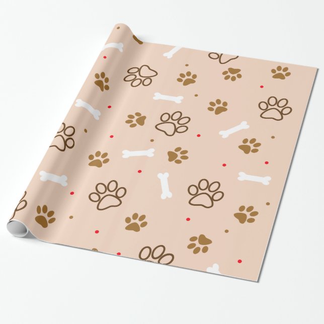 Cute dog pattern with paws bones tiny polka dots wrapping paper (Unrolled)