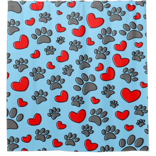 Cute Dog Paw And Red Hearts Pattern On Blue Shower Curtain