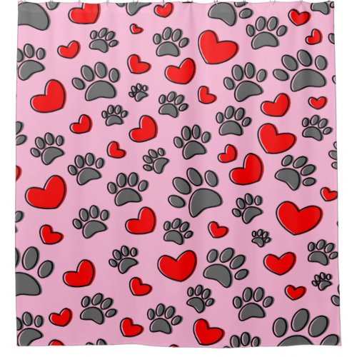 Cute Dog Paw And Red Hearts Pattern On Pink Shower Curtain