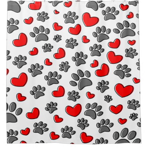 Cute Dog Paw And Red Hearts Pattern On White Shower Curtain