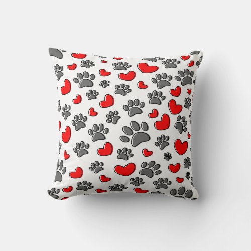 Cute Dog Paw And Red Hearts Pattern Throw Pillow