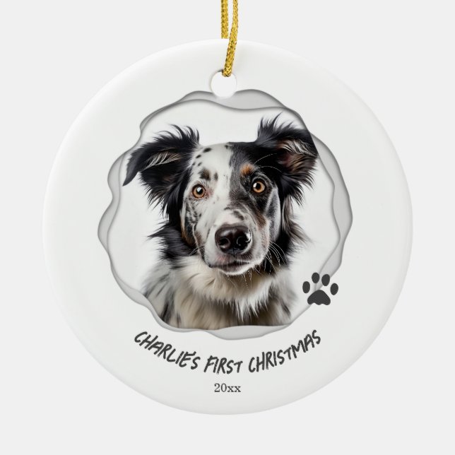 Cute Dog Paw Art First Christmas Holiday Ceramic Ornament (Front)
