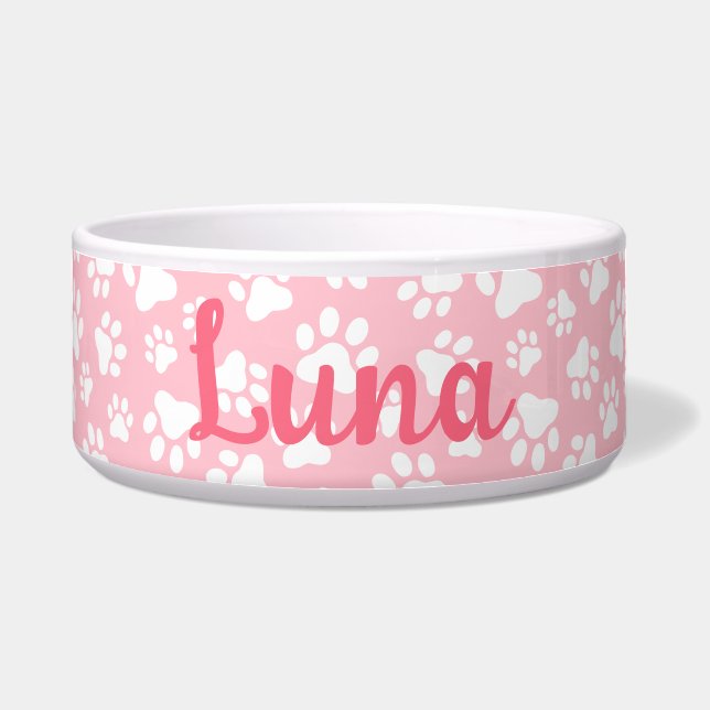 Cute Dog Paw Pattern White and Pastel Pink Bowl (Front)