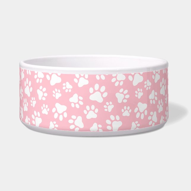 Cute Dog Paw Pattern White and Pastel Pink Bowl (Front)