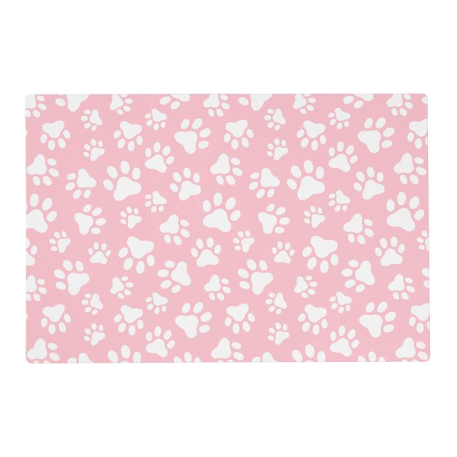 Cute Dog Paw Pattern White and Pastel Pink Placemat (Front)