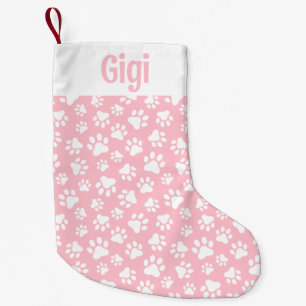 Cute Dog Paw Pattern White and Pastel Pink Small Christmas Stocking
