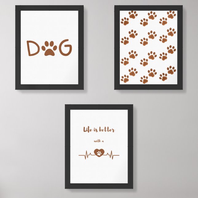 Cute Dog Paw Print & Heartbeat Wall Art Decor Set (Front)