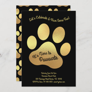 Cute Dog Paw Print Kids 1st Birthday Gold Black Invitation