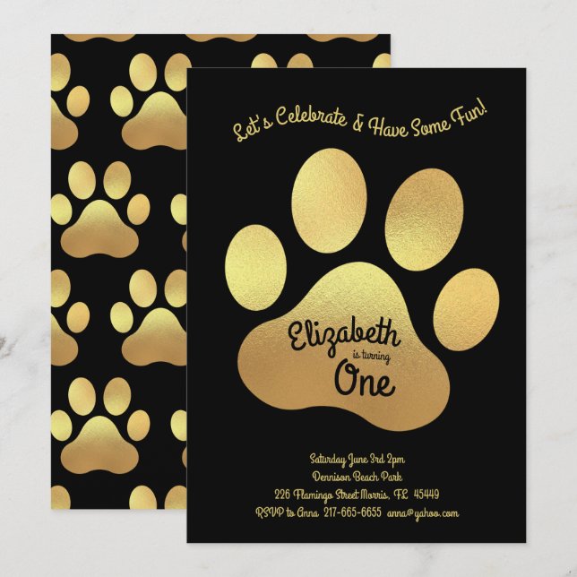 Cute Dog Paw Print Kids 1st Birthday Gold Black Invitation (Front/Back)