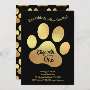 Cute Dog Paw Print Kids 1st Birthday Gold Black Invitation