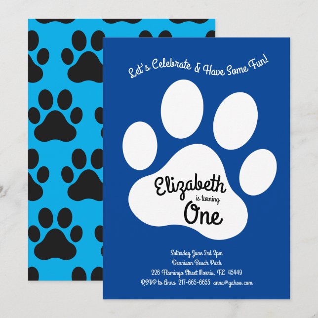 Cute Dog Paw Print Kids 1st Birthday Party Invitation (Front/Back)