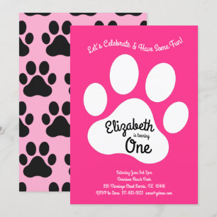 Cute Dog Paw Print Kids 1st Birthday Party Pink Invitation