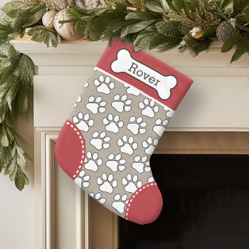 Cute Dog Paw Print Pattern Custom Pet Name Small Christmas Stocking by JustChristmas at Zazzle