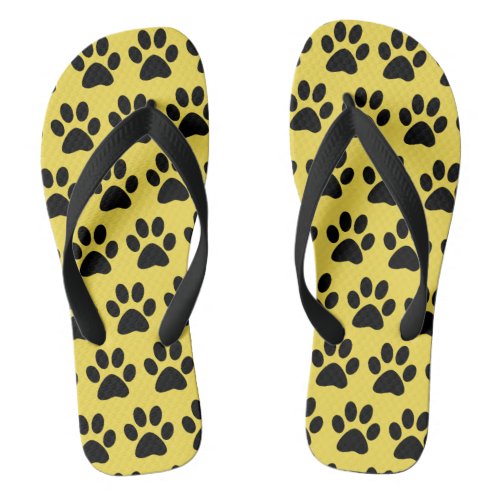 Cute Dog Paw Print Pattern Stylish Yellow Black Flip Flops