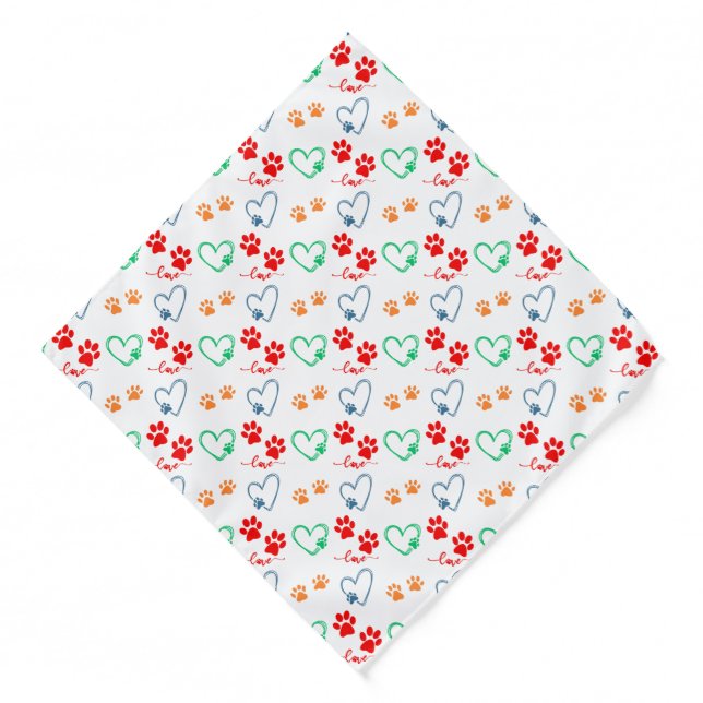Cute DOG PAW PRINTS and LOVE HEARTS Bandana (Front)