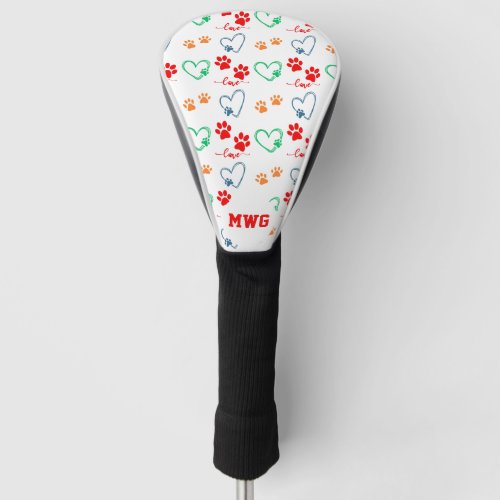 Cute DOG PAW PRINTS and LOVE HEARTS Monogram  Golf Head Cover