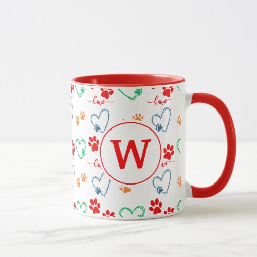 Cute DOG PAW PRINTS and LOVE HEARTS Monogram Mug