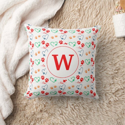 Cute DOG PAW PRINTS and LOVE HEARTS Monogram Throw Pillow