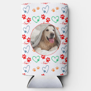 Cute DOG PAW PRINTS and LOVE HEARTS Photo Seltzer Can Cooler