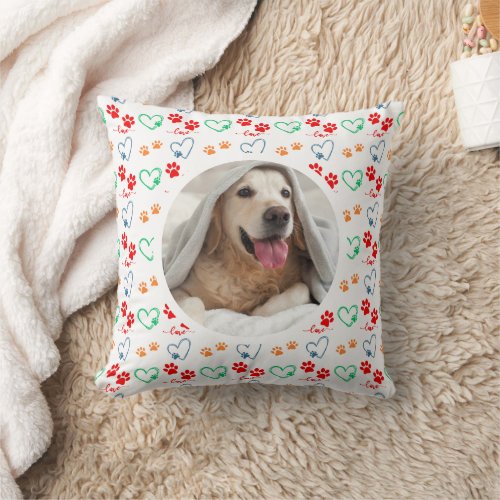 Cute DOG PAW PRINTS and LOVE HEARTS Photo Throw Pillow