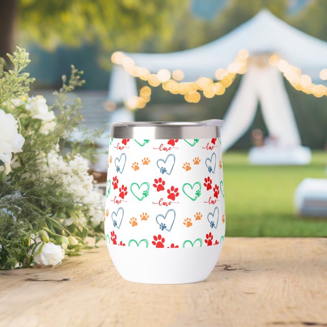 Cute DOG PAW PRINTS and LOVE HEARTS Thermal Wine Tumbler (Wedding)