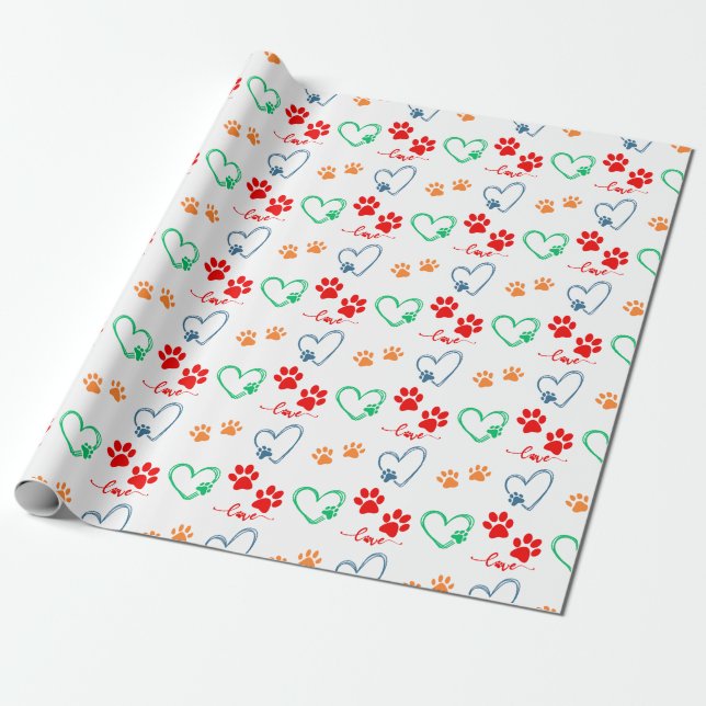 Cute DOG PAW PRINTS and LOVE HEARTS Wrapping Paper (Unrolled)