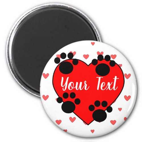 Cute Dog Paw Prints And Red Heart With Custom Text Magnet