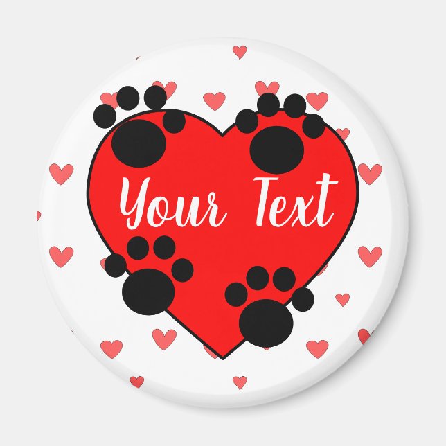 Cute Dog Paw Prints And Red Heart With Custom Text Magnet (Front)
