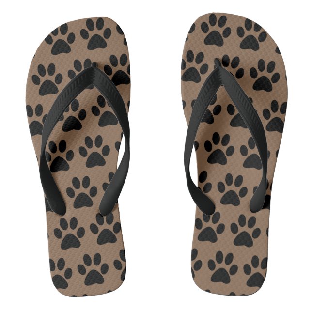 Cute Dog Paw Prints Pattern Black Brown Stylish Flip Flops (Footbed)