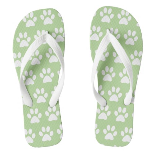 Cute Dog Paw Prints Pattern Green Summer Beach Flip Flops