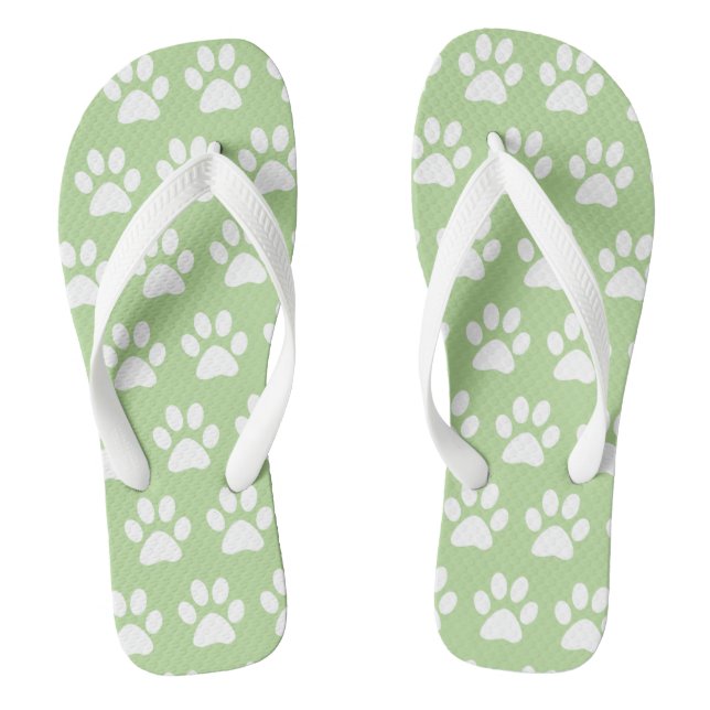 Cute Dog Paw Prints Pattern Green Summer Beach Flip Flops (Footbed)