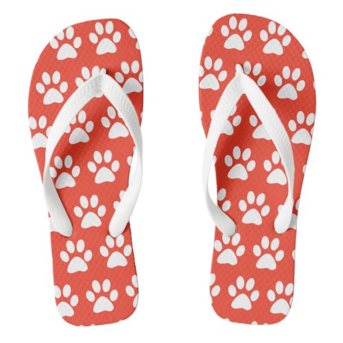 Cute Dog Paw Prints Pattern Red White Fun Summer Flip Flops