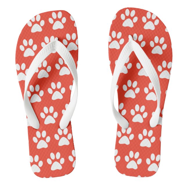 Cute Dog Paw Prints Pattern Red White Fun Summer Flip Flops (Footbed)