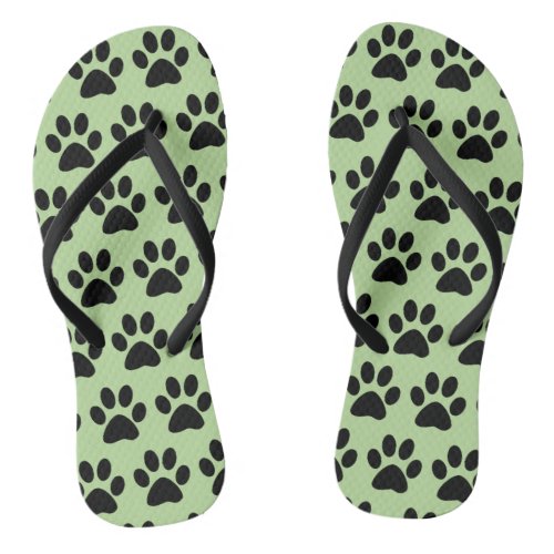 Cute Dog Paw Prints Pattern Stylish Green Black Flip Flops